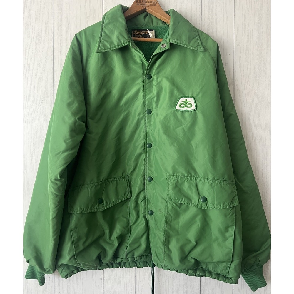 Vintage Swingster Fleece Lined Green Jacket Large Pioneer Seeds Patch 60s 70s